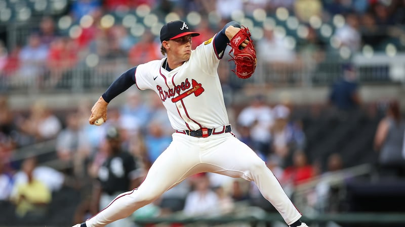 Atlanta Braves pitcher Hurston Waldrep delivers in the first inning of a baseball game against...