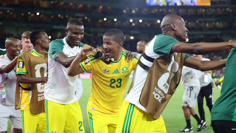 South Africa's Jayden Adams (23) dances with his teammates after a 1-0 win in the World Cup...