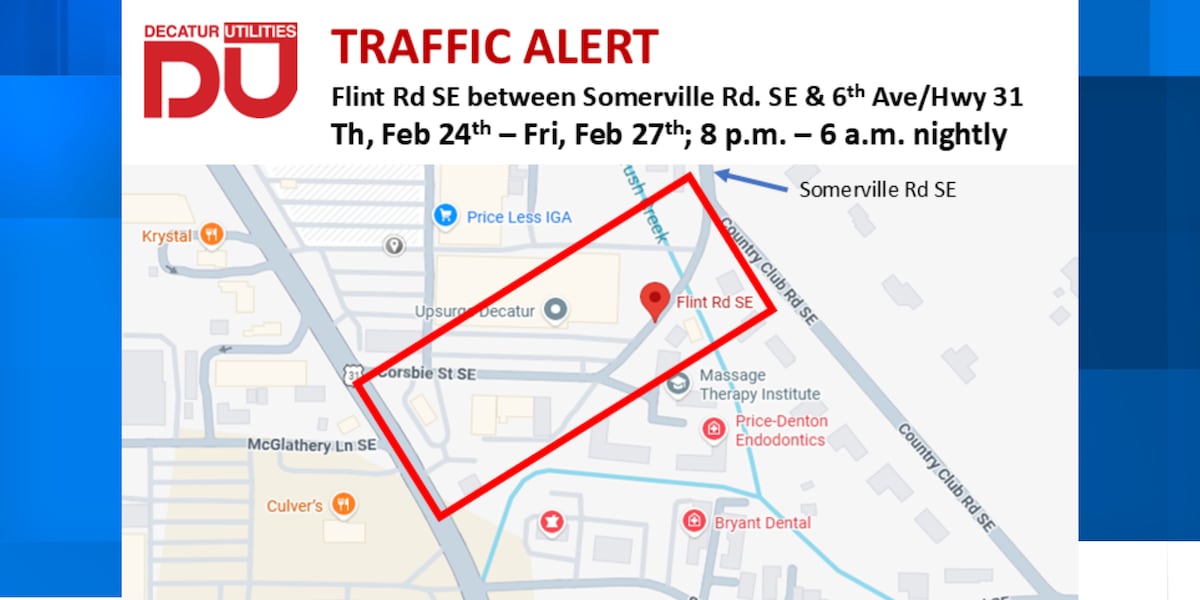 Decatur Bypass Map Overnight road closures on Flint Rd in Decatur for sewer work
