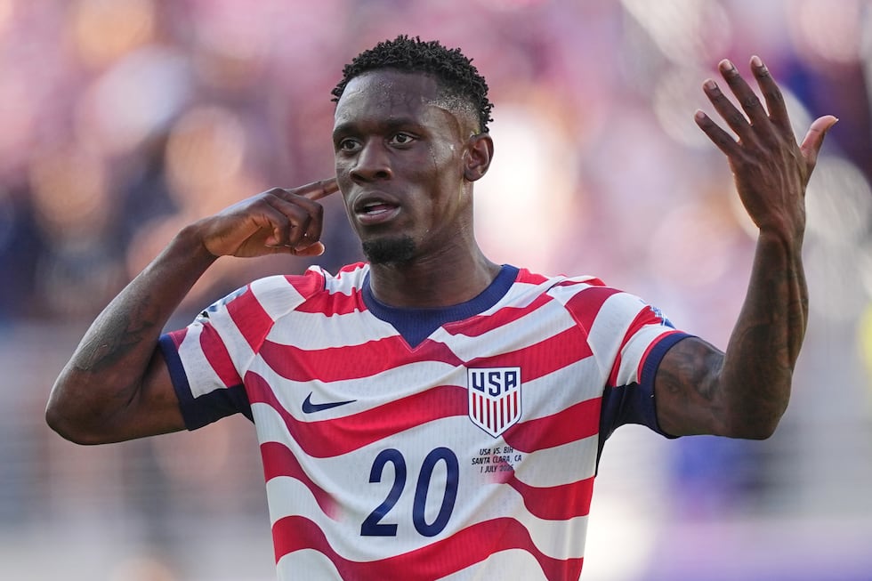 United States' Folarin Balogun (20) reacts after scoring his team's first goal during the...